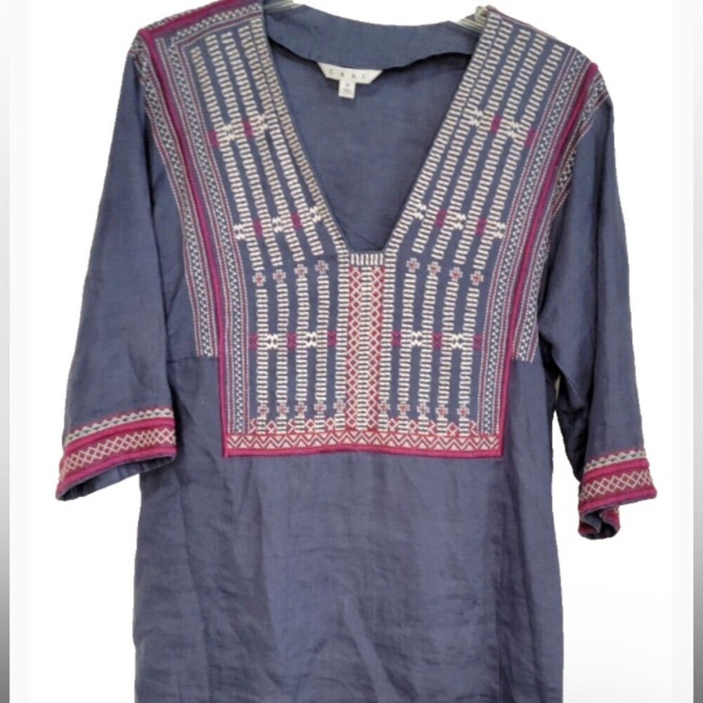 Cabi Tunic, Blue 100% Linen w/ Berry & Cream Embroidery, Back Sinch Tie, Small